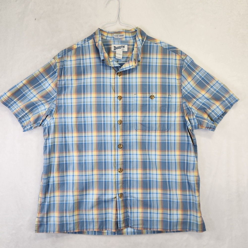 Duluth Trading Co Untucked‎ Short Sleeve Plaid Shirt Blue Orange Mens L Relaxed